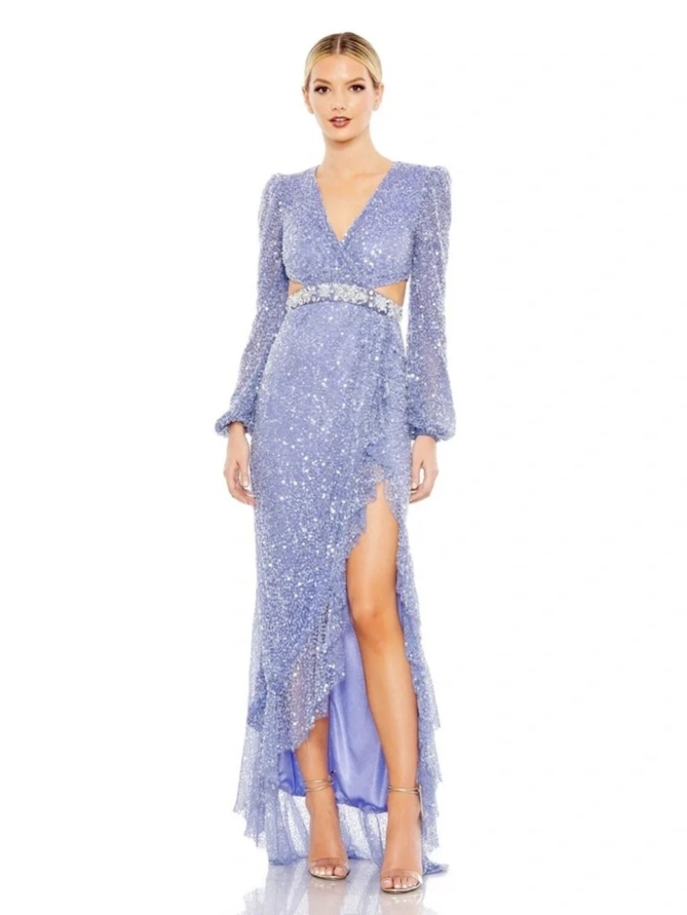 Mac Duggal 5745 Sequin Gown Long Sleeve High Low Formal Dress 2 NEW